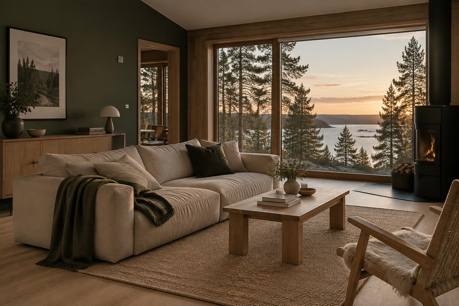 Scandinavian holiday cabin living room at sunset